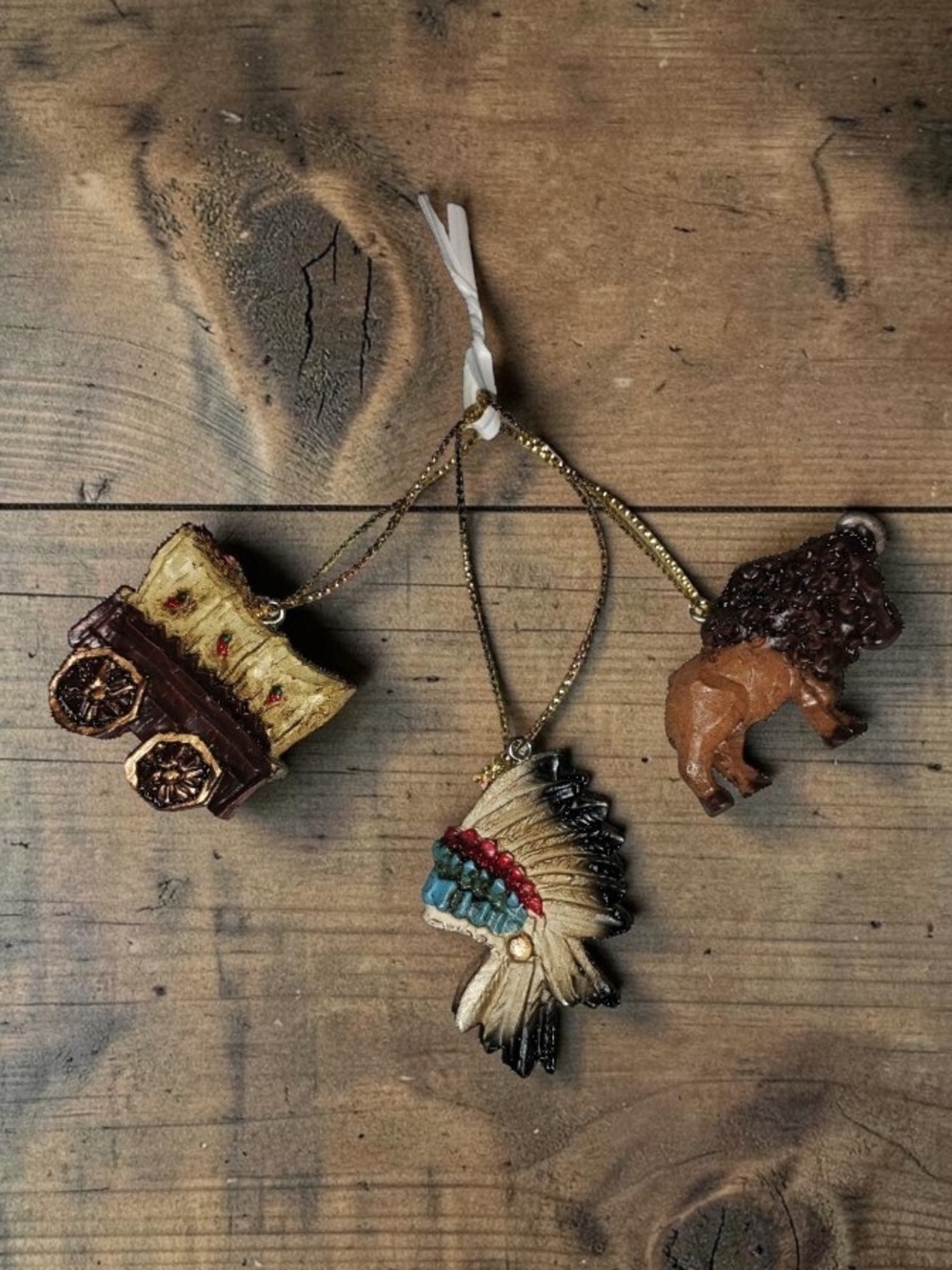 VTG Wild West Christmas Ornaments Bundle (3pc) NWOT – Wagon, Bison, Headdress